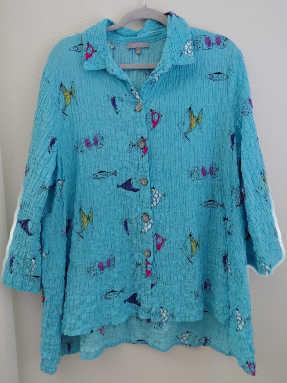 Habitat Crinkle Cut Blue Fish Lagenlook Artsy Blouse Large